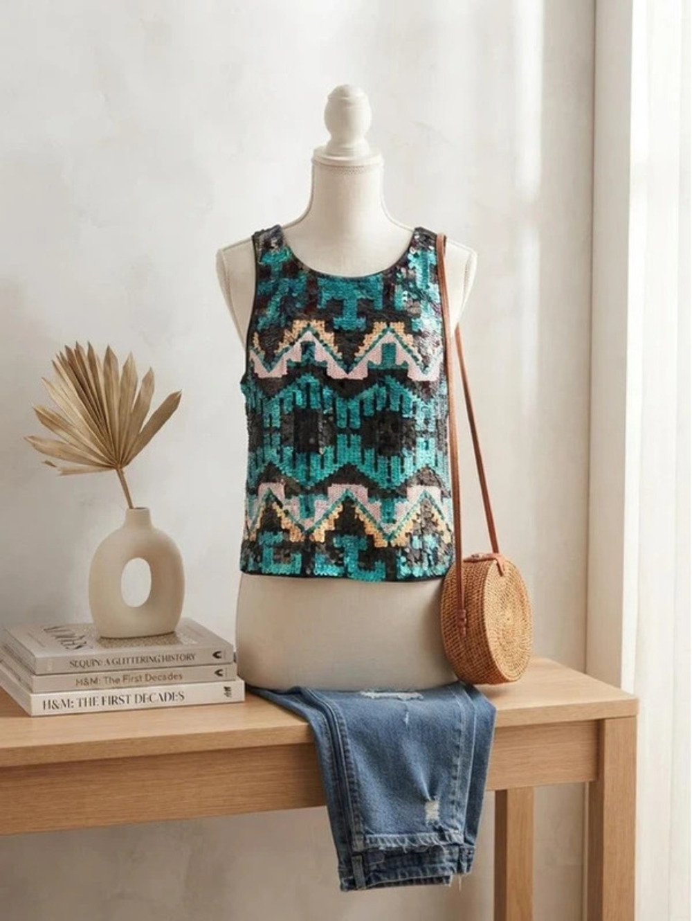 Black & teal geometric pattern polyester & elastane tank top